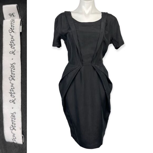 & Other Stories Black 100% Silk Hourglass Pinup Goth Midi Dress Pockets 36 S 4 - Picture 3 of 16